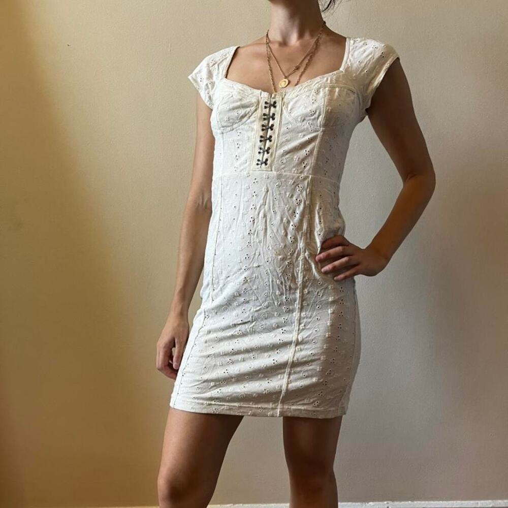 Free People White Eyelet Mini Dress Corset Hooks Cotton Blend Women size Medium